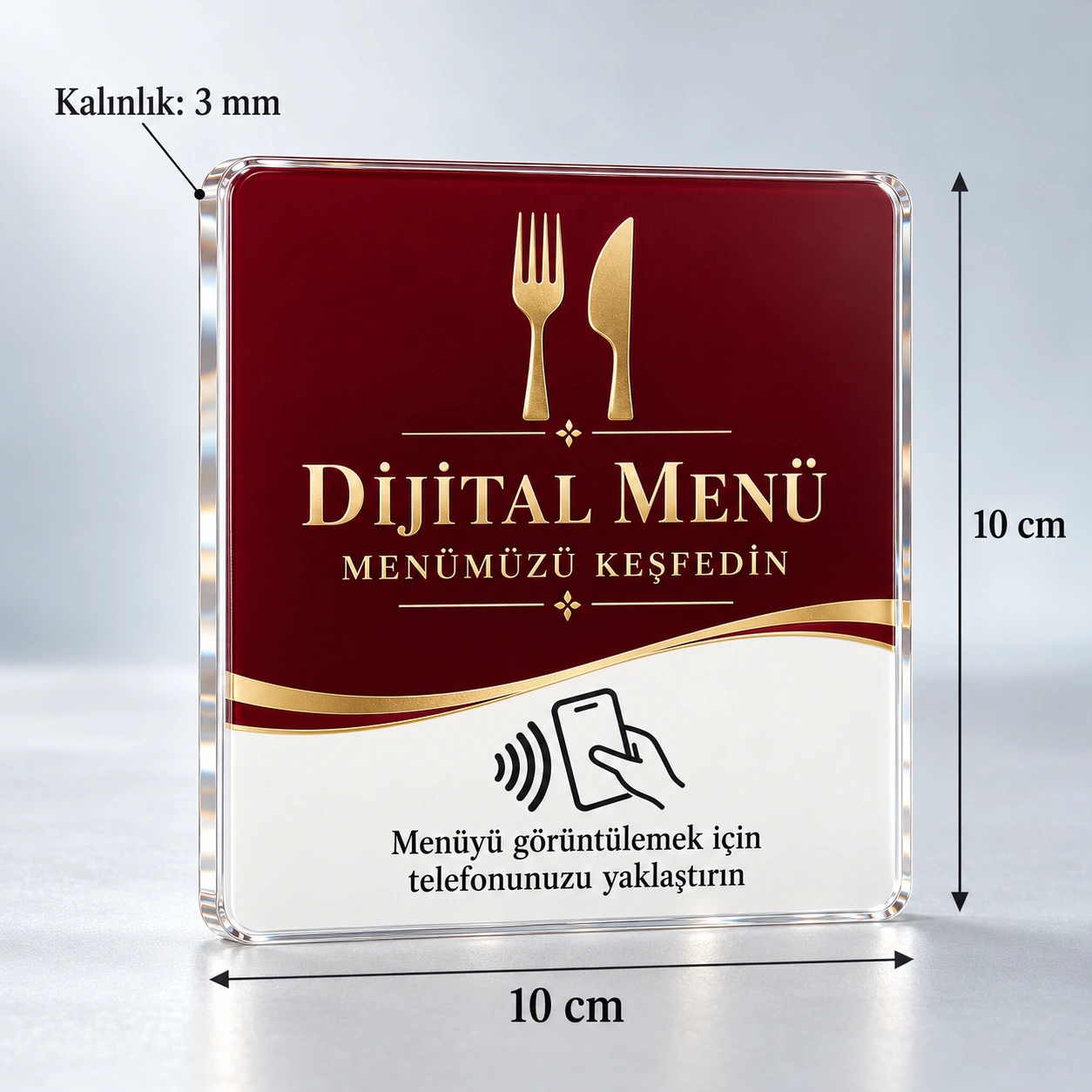 Premium Cam Görünümlü Dijital Menü NFC Kartı - 10x10 cm, 10x10 cm ve 3 mm kalınlık